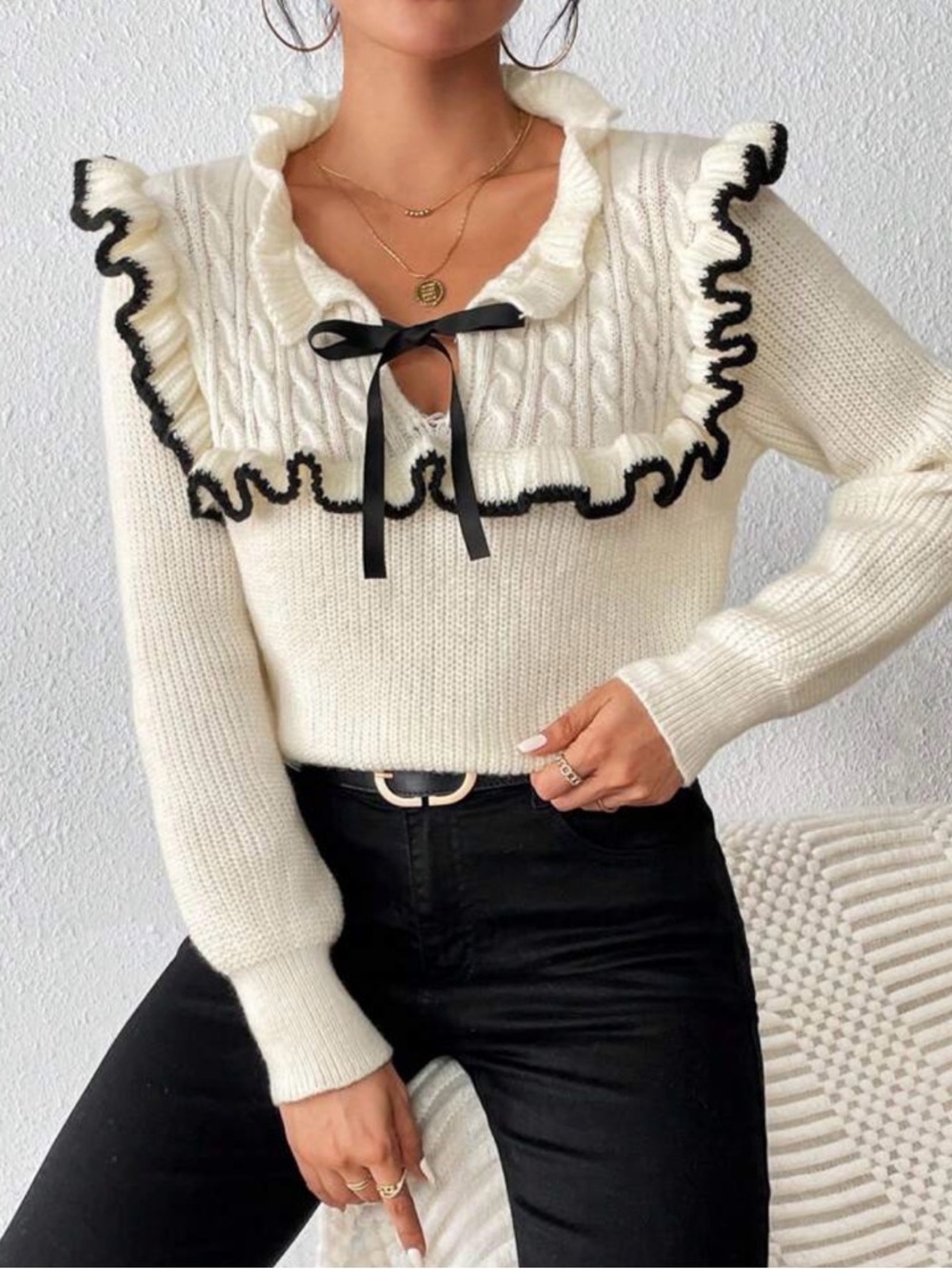SHEIN Cream Ruffle Cable-Knit Sweater with Black Trim